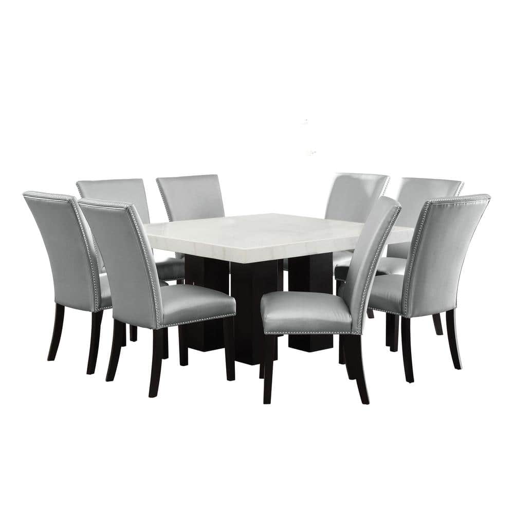 Camila White Marble 54 in. Square Dining Height Set with 8 Silver Upholstered Side Chair -  Steve Silver, CM540T420