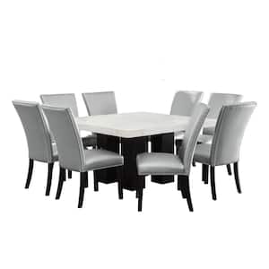 Camila White Marble 54 in. Square Dining Height Set with 8 Silver Upholstered Side Chair