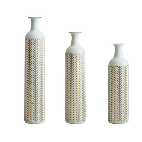 Avex 24/28/32 in. H Gold White Metal Cylinder Decorative Vase Set (3-Pieces)