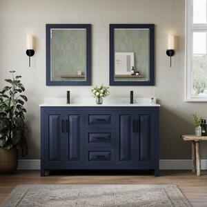 Daria 60 in. W x 22 in. D x 35.75 in. H Double Bath Vanity in Dark Blue with Carrara Cultured Marble Top, 24 in. Mirrors