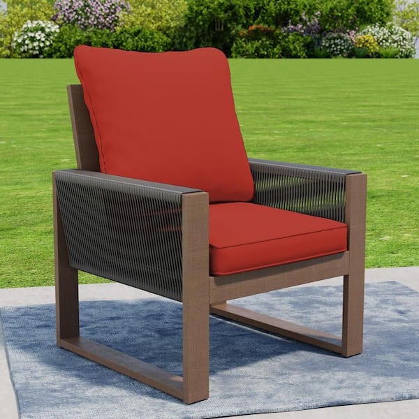 Outdoor Patio Wooden Lounge Chair with Red Cushions and Square Frame