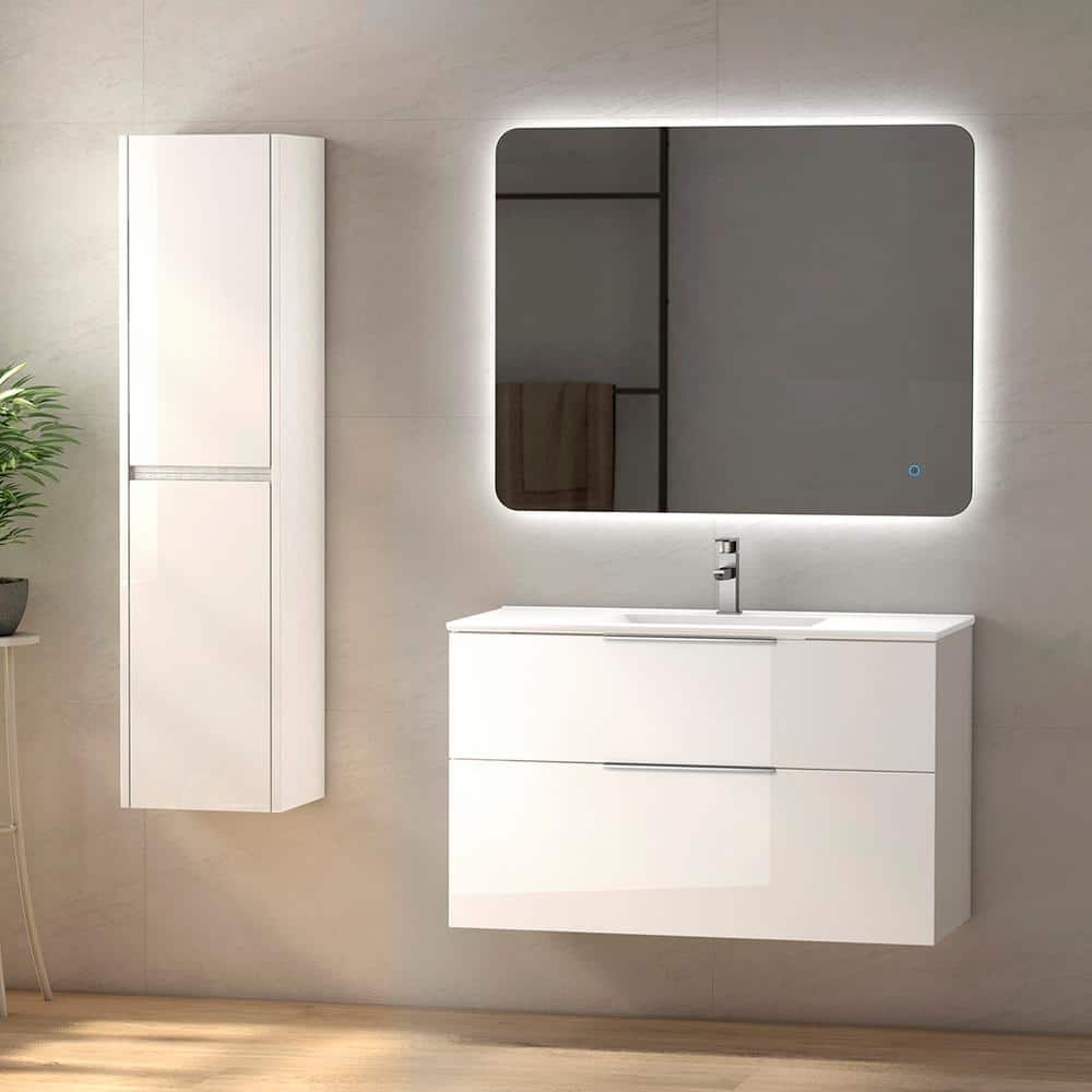 Glossy White Ceramic Single Wall-Mount Bathroom Vanity