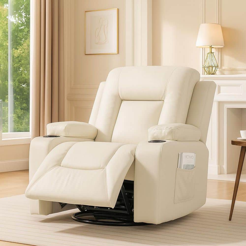 ComHoma White Recliner Chair Faux Leather Rocking Chair with Cup