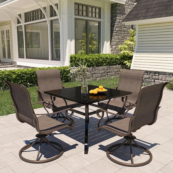 5-Piece Metal Outdoor Dining Set with Umbrella Hole Table and 360° Swivel Rocking Chairs, Random Umbrella