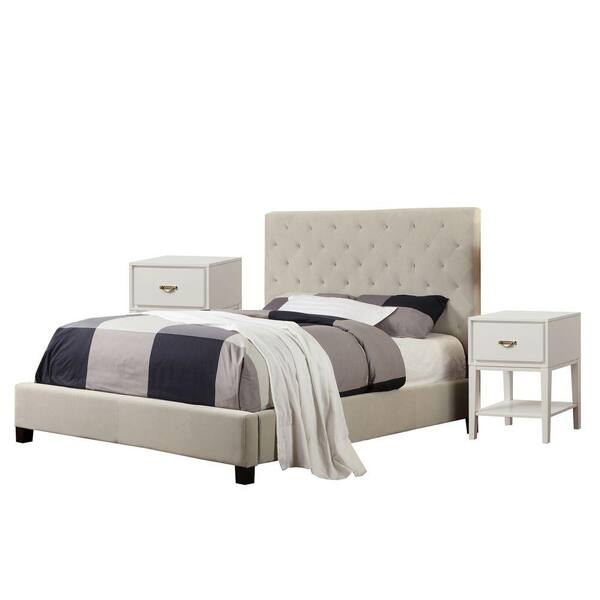 HomeSullivan Toulouse Taupe Velvet Queen-Size Bed and White Rectangle 2-Nightstand Set