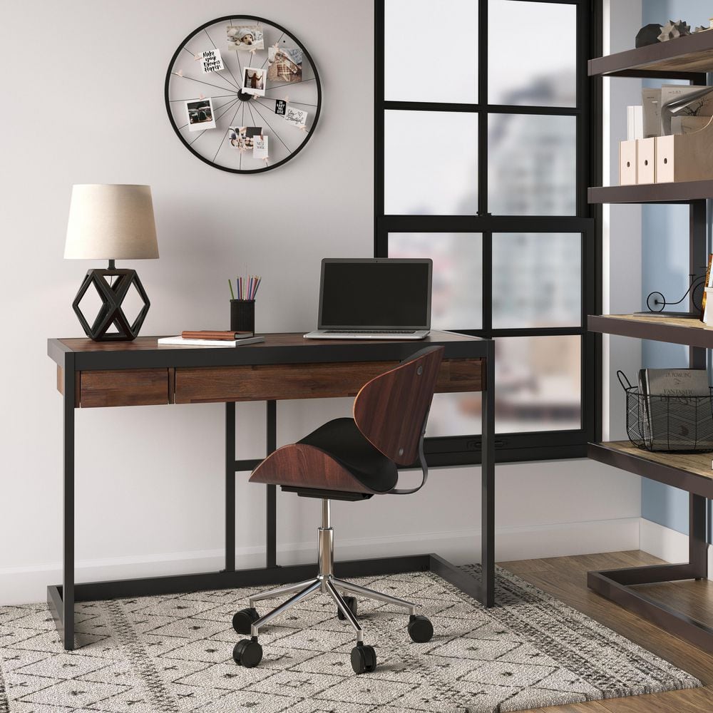 Erina Compact Industrial Acacia Wood Desk in Distressed Charcoal Brown
