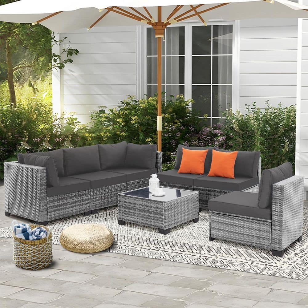 Runesay Modern 7-Piece Gray Wicker Rattan Outdoor Patio Sectional