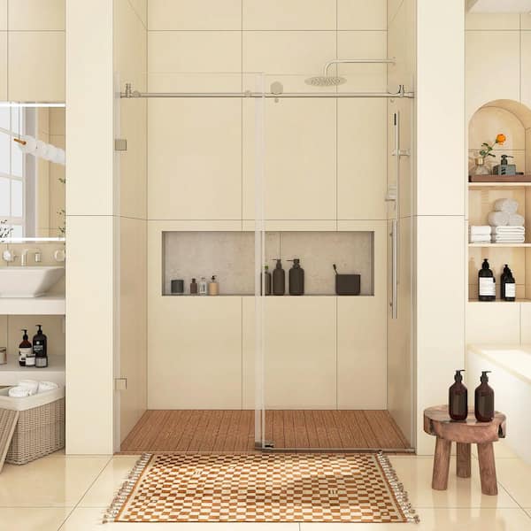 JimsMaison 60 in. W x 76 in. H Single Sliding Frameless Shower Door in Brushed Nickel with Clear Tempered Glass