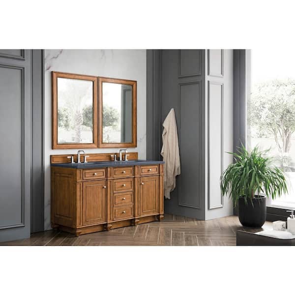 Bristol 60 in. W x 23.5 in. D x 34 in. H Double Bathroom Vanity in Saddle Brown with Charcoal Soapstone Quartz Top