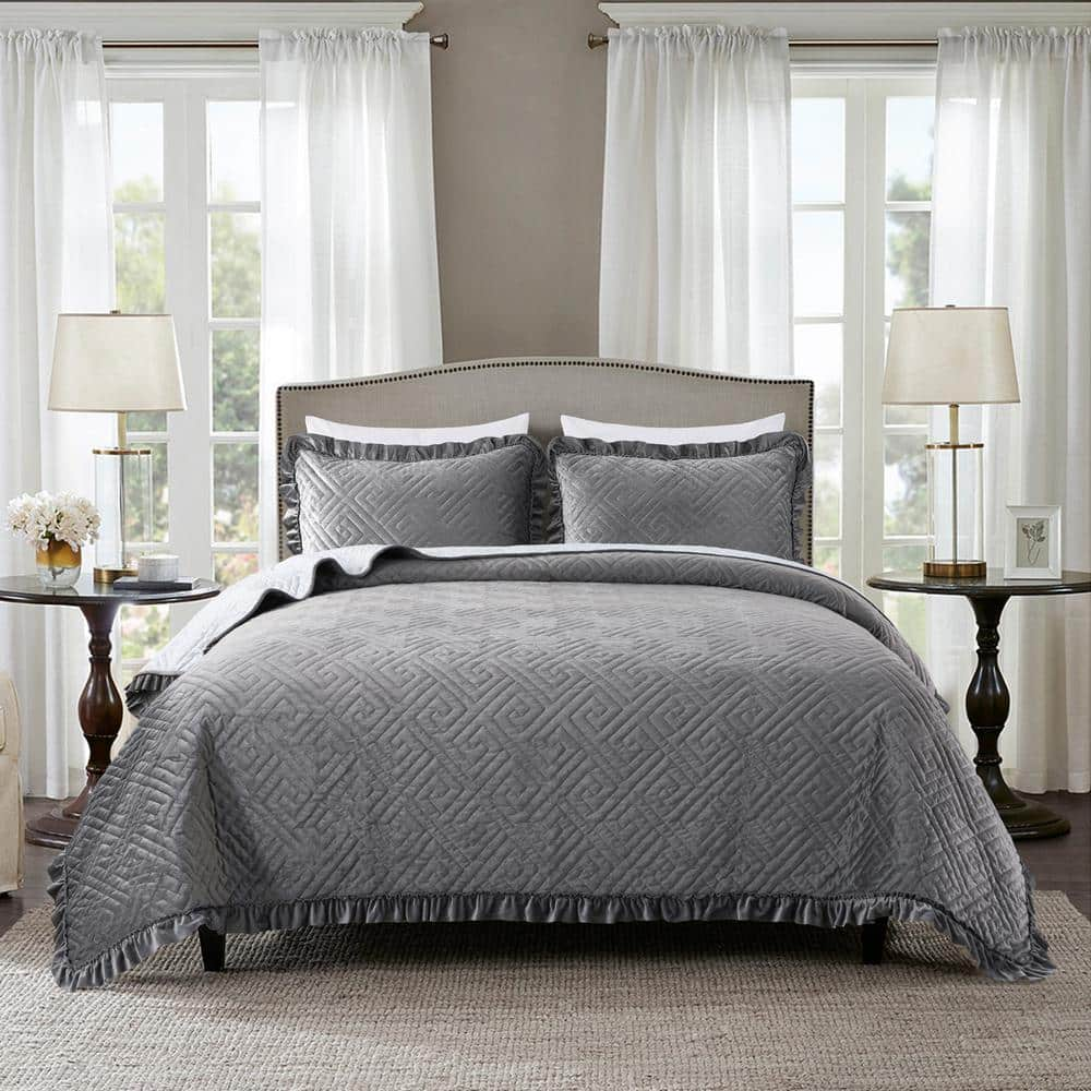 Jml Charcoal/Grey Reversible Twin Velvet Quilt Set