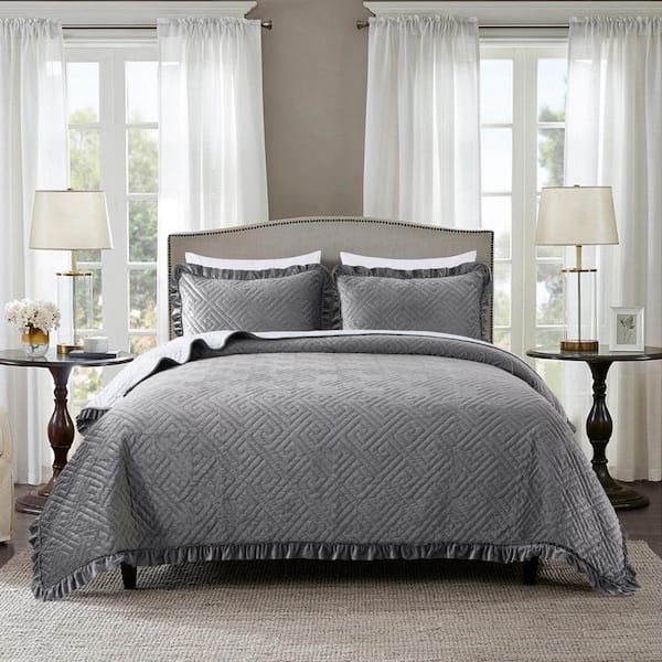 JML Charcoal/Grey Reversible Twin Velvet Quilt Set