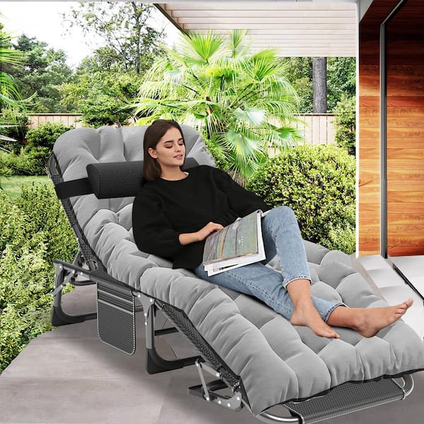 BOZTIY Portable Lounge Chair, Black 5-Fold Sleeping Cots Steel Outdoor Lounge Chair with Cushion Guard Gary Cushion 1-Pack