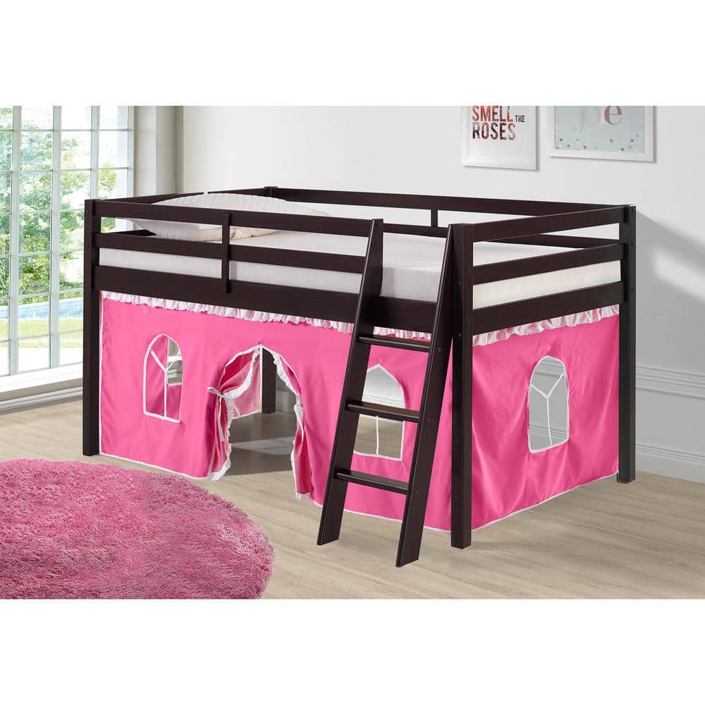 Espresso Pine Twin Loft Bed with Pink Playhouse Tent