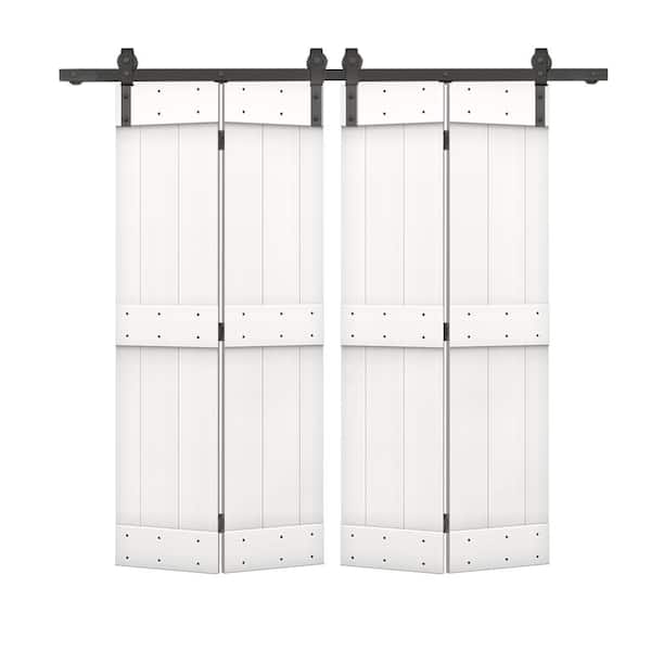 CALHOME 44 in. x 84 in. Mid-Bar Solid Core Pure White Stained DIY Wood Double Bi-Fold Barn Doors with Sliding Hardware Kit