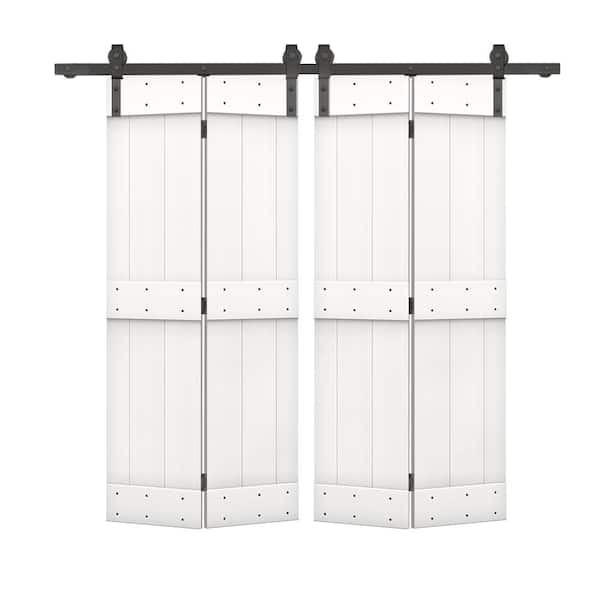 CALHOME 48 in. x 84 in. Mid-Bar Solid Core Pure White Stained DIY Wood Double Bi-Fold Barn Doors with Sliding Hardware Kit