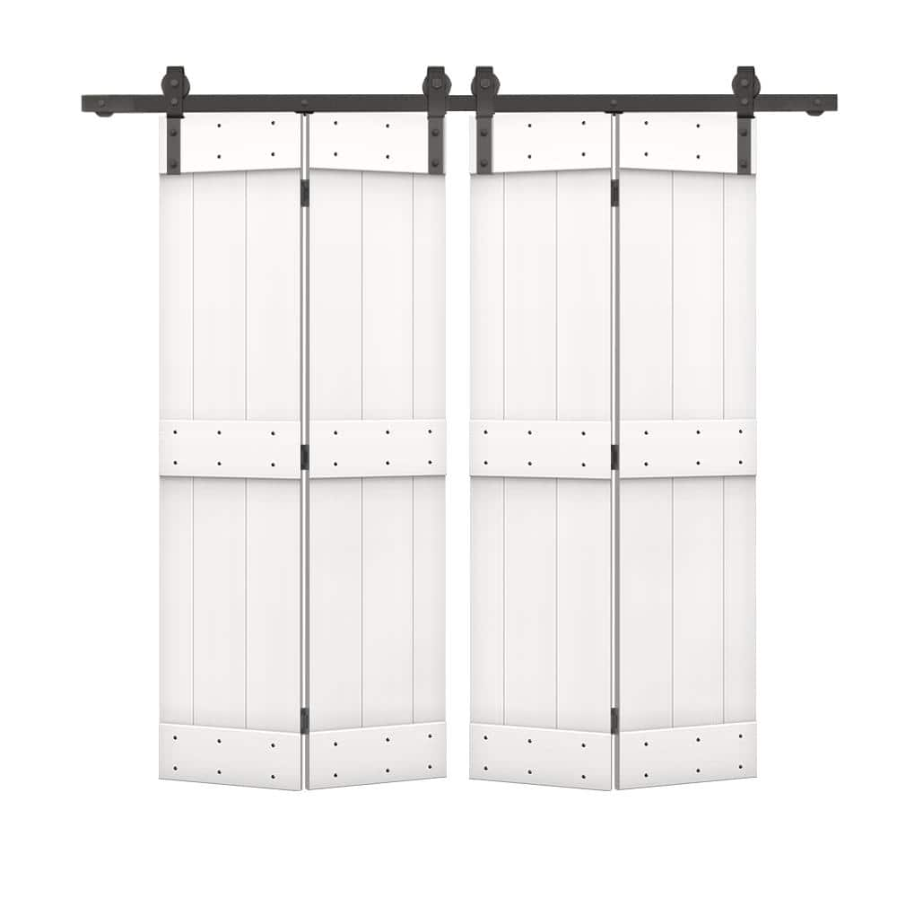 CALHOME 64 in. x 84 in. Mid-Bar Series Pure White Stained DIY Wood Double Bi-Fold Barn Doors with Sliding Hardware Kit