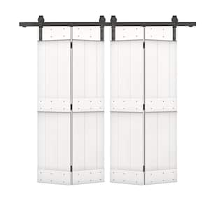 64 in. x 84 in. Mid-Bar Series Pure White Stained DIY Wood Double Bi-Fold Barn Doors with Sliding Hardware Kit