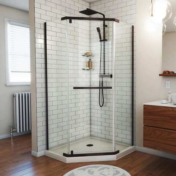 DreamLine Prism 42 in. W x 74.75 in. H Neo Angle Pivot Semi Frameless Corner Shower Enclosure in Bronze with Biscuit Shower Base