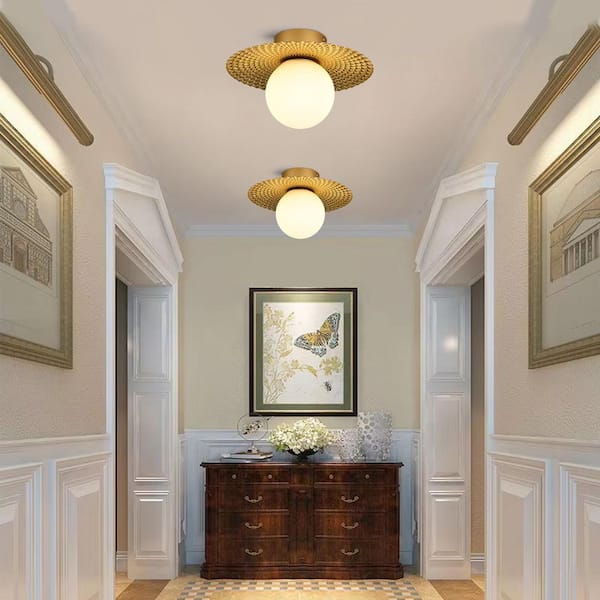 12.6 in. 1-Light Golden Diffuser Semi-Flush Mount Ceiling Light with Metal Pleated Shade and White Glass Shade