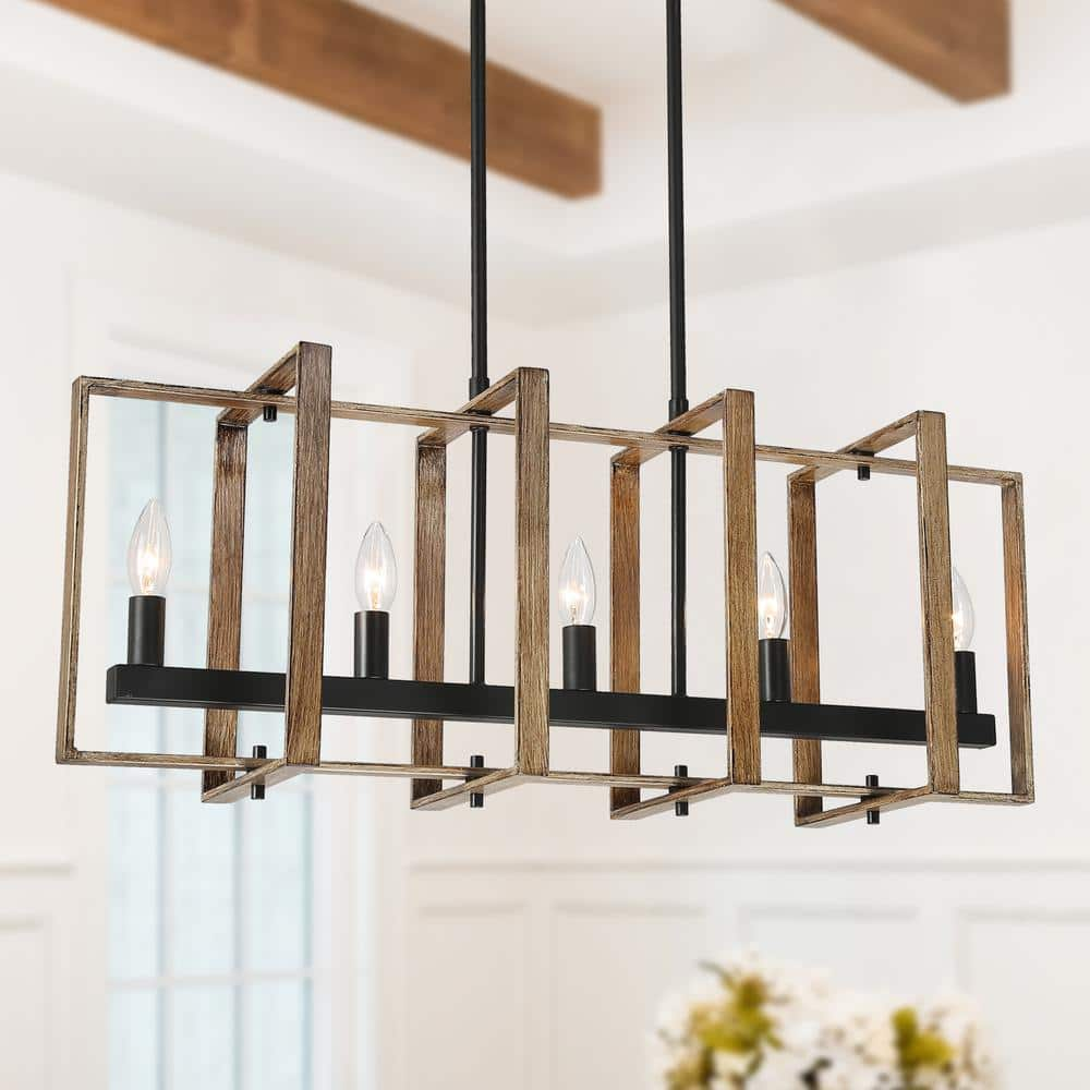 LNC Black Modern Farmhouse Chandelier 5-Light Rectangle Cage Candlestick Kitchen Island Chandelier with Faux Wood Accent