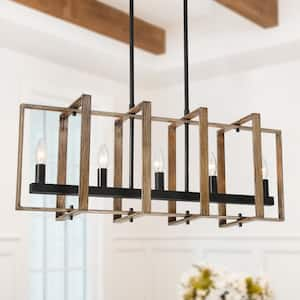 Black Modern Farmhouse Chandelier 5-Light Rectangle Cage Candlestick Kitchen Island Chandelier with Faux Wood Accent