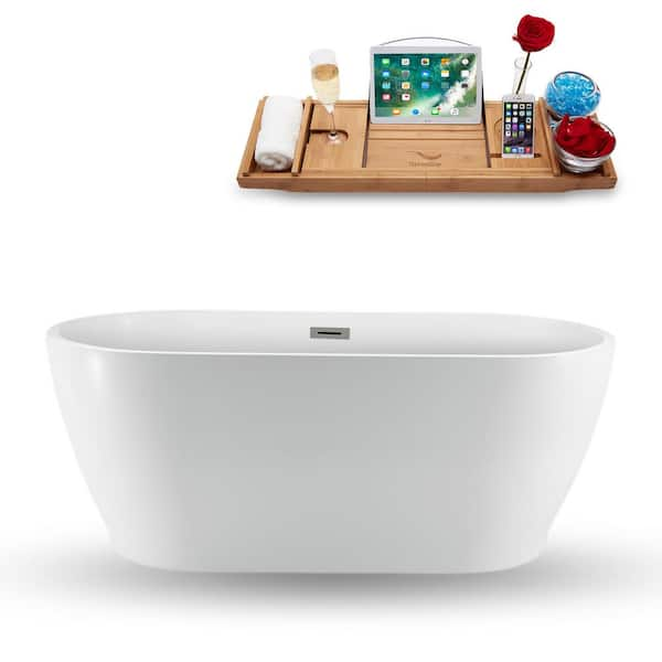 Streamline 59 in. Acrylic Flatbottom Non-Whirlpool Bathtub in Glossy White with Brushed Nickel Drain and Overflow Cover