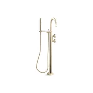 Components Single Handle Freestanding Tub Faucet with Industrial Handles and Handheld Shower Head in Vibrant French Gold