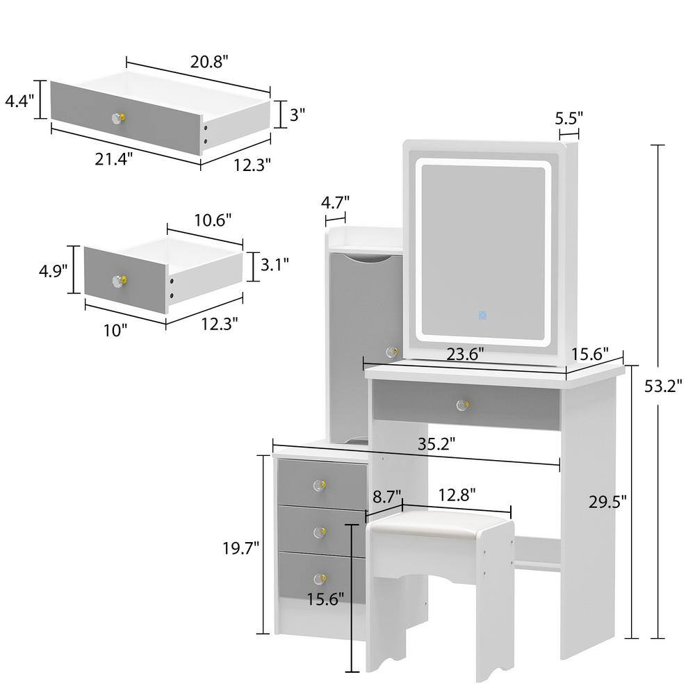 4-Drawers White Wood Makeup Vanity Sets Dressing Table Sets with Stool, Mirror, LED Light, Door and Storage Shelves - thumbnail 3