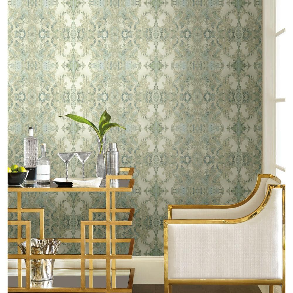 Spa Blue and Green Grasscloth Peel and Stick Wallpaper