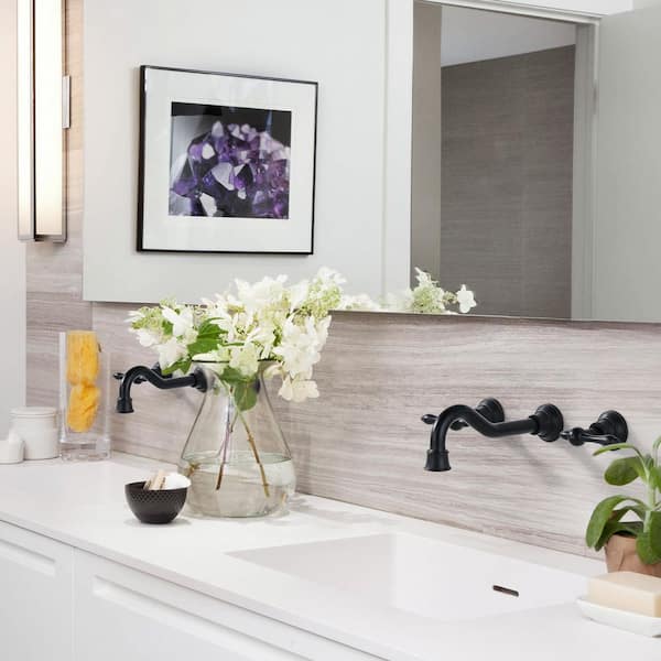 Double Handle Wall Mounted Bathroom Faucet in Matte Black