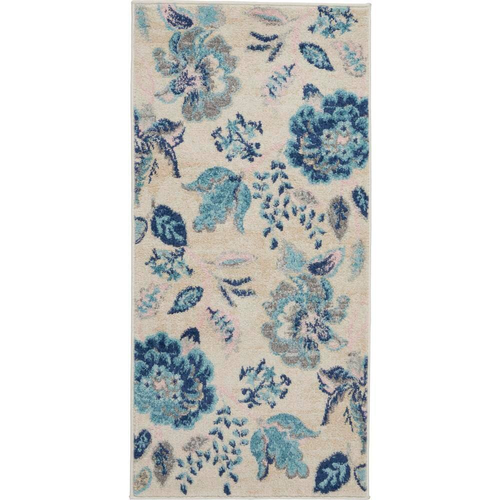 Elegant Ivory & Light Blue Floral Synthetic Area Rug 2' x 4'