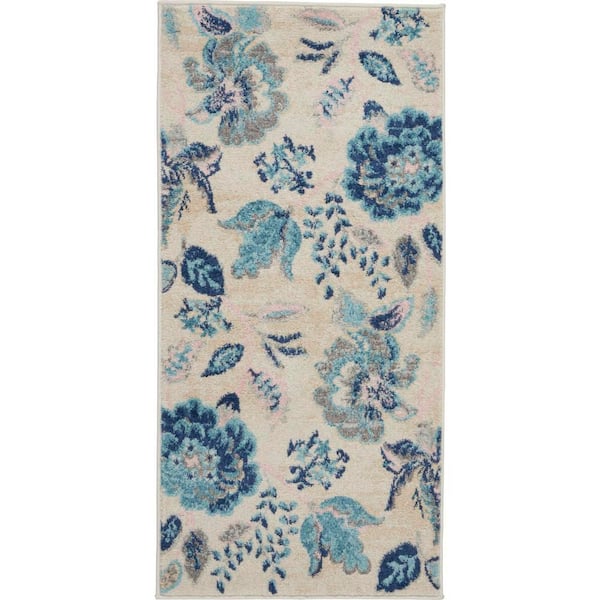 Tranquil Ivory/Light doormat 2 ft. x 4 ft. Floral Modern Kitchen Area Rug