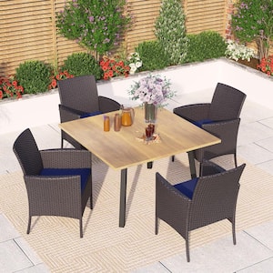 Black 5-Piece Metal Patio Outdoor Dining Set with Wood-Look Square Table and Rattan Steel Patio Chairs with Blue Cushion