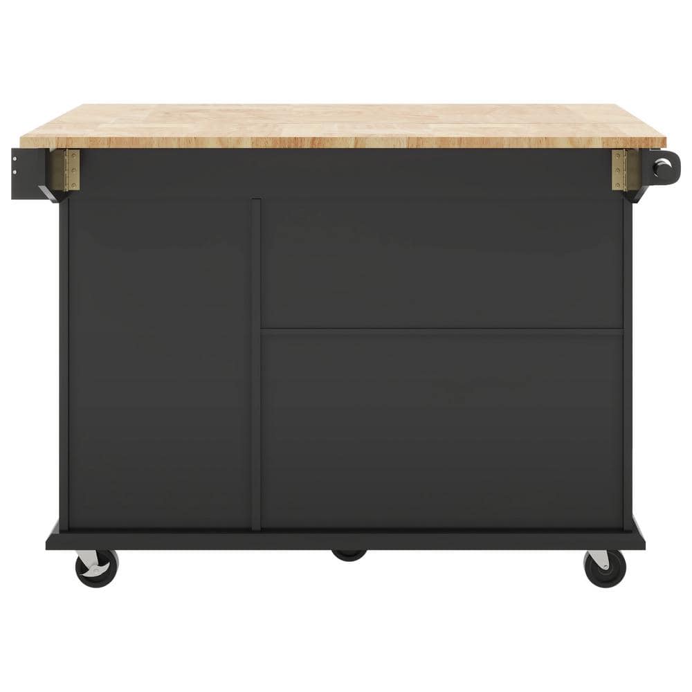 Black Rubber Wood Kitchen Cart with Drop-Leaf, 3-Tier Pull Out Cabinet Orga