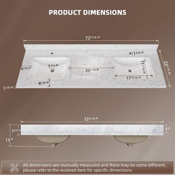 Zeafive 72 in. W x 22 in. D Engineered Stone Vanity Top in Carrara