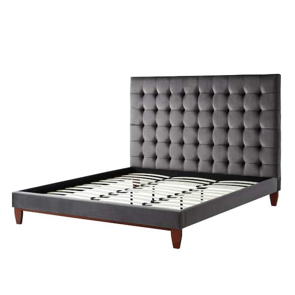 Inspired Home Telford Grey Velvet Button Tufted Platform King Bedframe