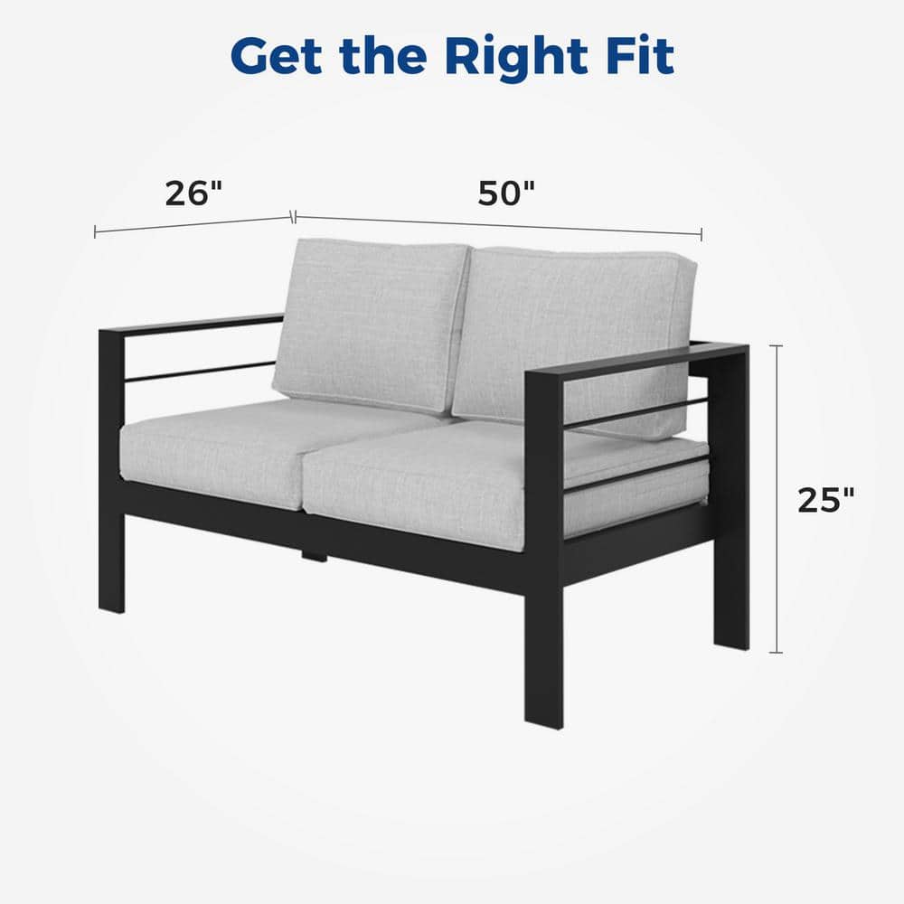 Modern Black Aluminum Outdoor Loveseat with Light Gray Cushions