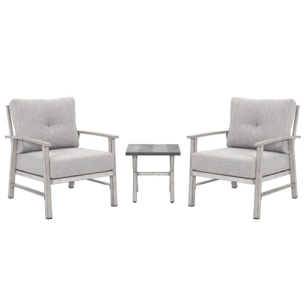 Light Gray 3-Piece Aluminum Outdoor Patio Conversation Sofa Set with Side Table and Gray Cushions