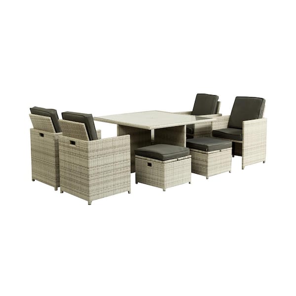 URTR Light Gray 9-Piece PE Wicker Outdoor Dining Set Patio Dining Set Table Chairs & Storage Ottoman with Dark Gray Cushion