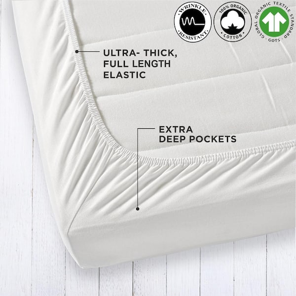 A1 Home Collections Wrinkle Resistant Extra Deep Pockets Soft Lustrous Sateen Weave White 300TC Organic Cotton Queen Fitted Sheet (Set of 2)