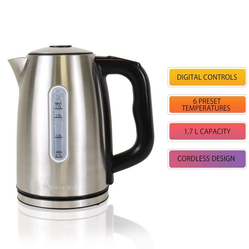 Kenmore 1.7L Stainless Steel Cordless Electric Kettle with Digital Controls