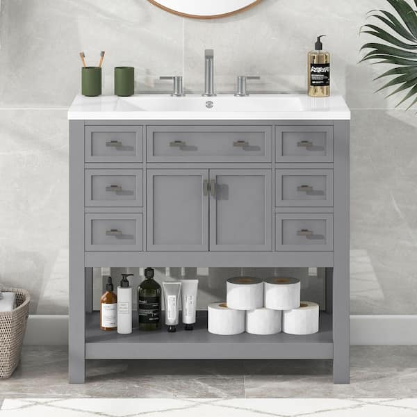 35.2 in. W x 18 in. D x 34.1 in. H Freestanding Bath Vanity in Grey with White Ceramic Top Single Basin Sink