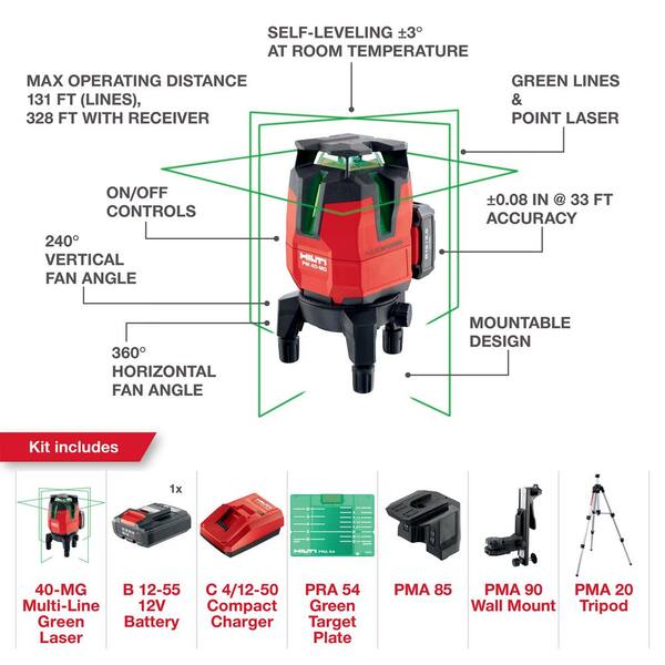 PM 40-MG 12V Multi-Line Green Laser 131 ft. with Tripod, Adapter, Charger, Mount, Target Plate and Case