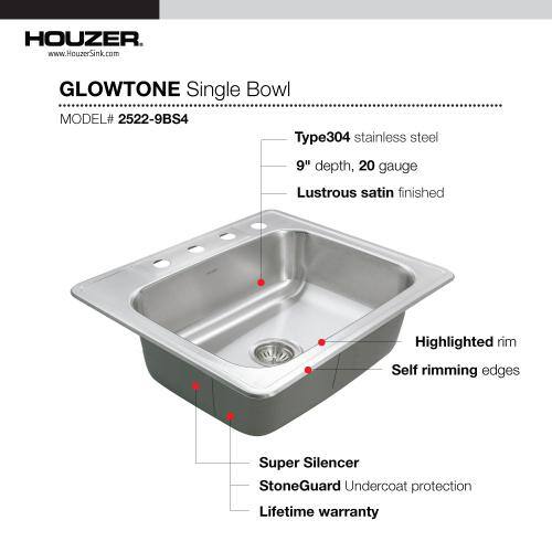Glowtone 25" Stainless Steel Single Bowl Kitchen Sink with Center Drain