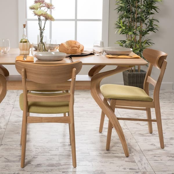 Exquisite Mid-Century Modern Natural Oak and Green Dining Chairs with Curved Backrest, Upholstered Seat Set of 2