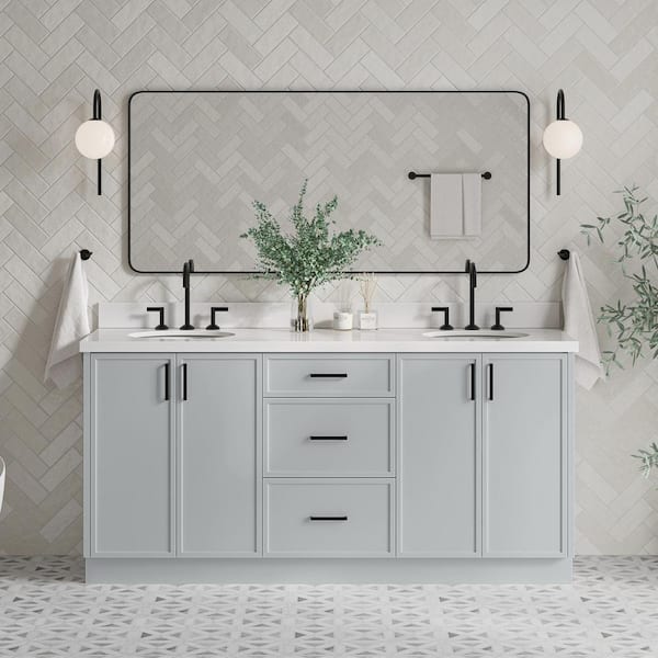 ARIEL Kelly 73 in. W x 22 in. D x 36 in. H Double Sink Bath Vanity in Grey with Pure White Quartz Top