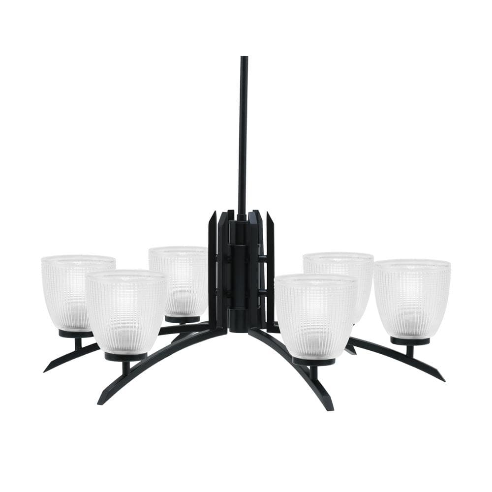 Siena 6-Light Matte Black Chandelier, Round Chandelier with Clear Ribbed Gl