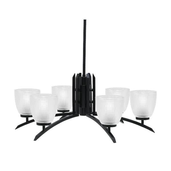 Unbranded Siena 6-Light Matte Black Chandelier, Round Chandelier with Clear Ribbed Glass Shades, No bulb Included