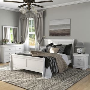 4-Piece Burkhart White Wood Queen Bedroom Set with Nightstand and Dresser/Mirror