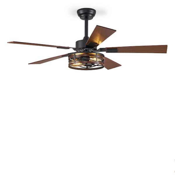 HINNIXY 48 in. Indoor Black Farmhouse Dual Finish 5 Blades 6-Speed Rustic Caged Ceiling Fan with Light Kit and Remote Control